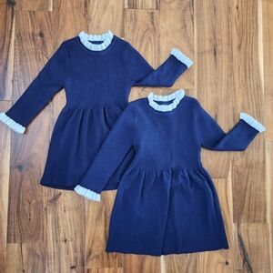 Twin Girl Bundle! 2 Navy Blue Knit Dresses with White Ruffle Collar. 3T